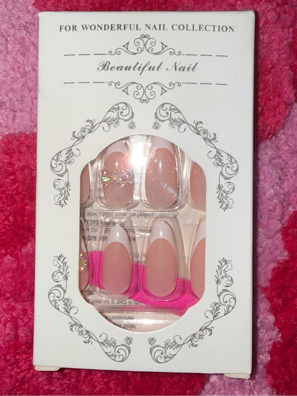 New Pink & White French Tip Press-On Nails with Rhinestone Bows